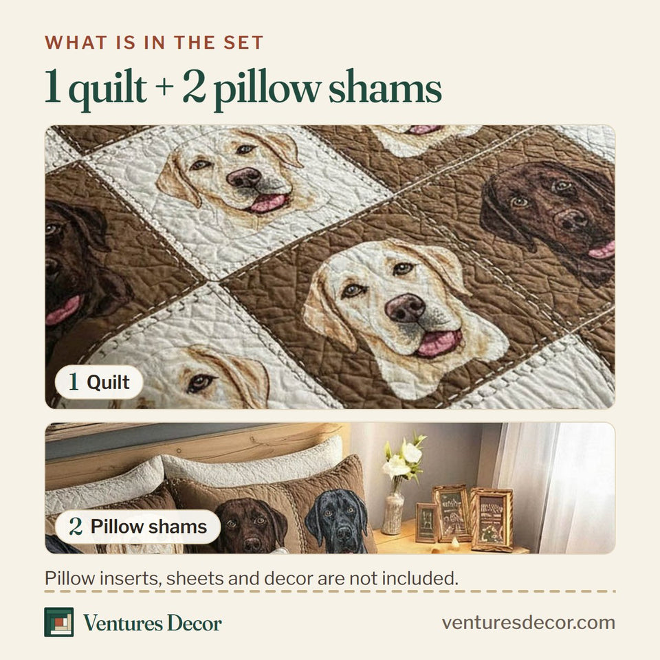 What is in the set: one quilt and two pillow shams, shown in the Labrador Checker Portraits design