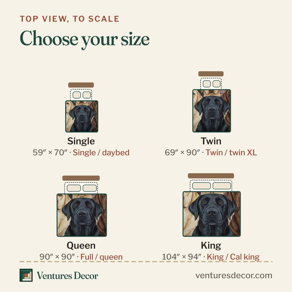 Size guide for the Labrador Three Colour Patchwork quilt, top view to scale: Single 59 x 70 in, Twin 69 x 90 in, Queen 90 x 90 in, King 104 x 94 in