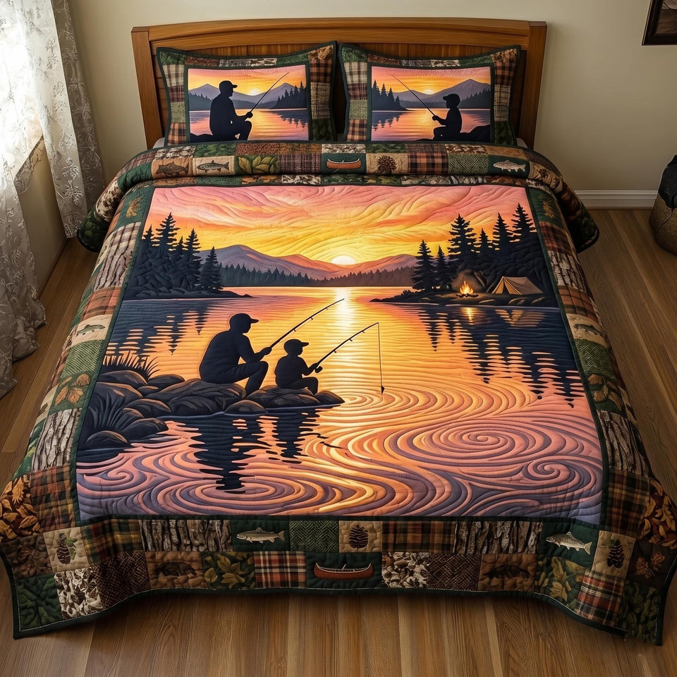 Lake Angler Sunset Pair On Rocks quilted bedding set, quilt and two pillow shams on a made bed