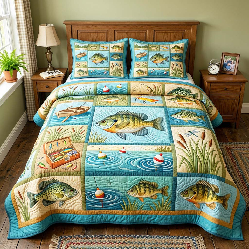Lake Bass quilted bedding set, quilt and two pillow shams on a made bed