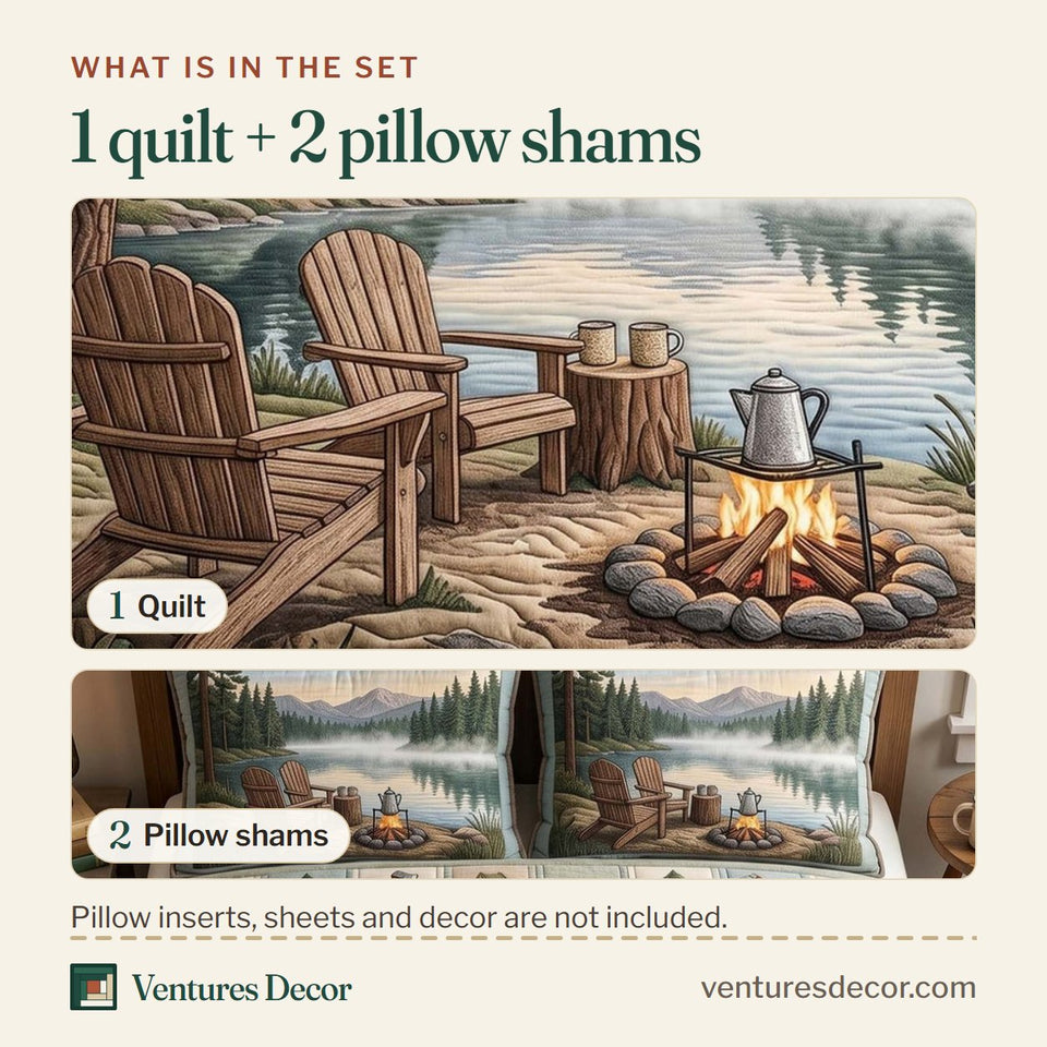 What is in the set: one quilt and two pillow shams, shown in the Lake Morning Camp design
