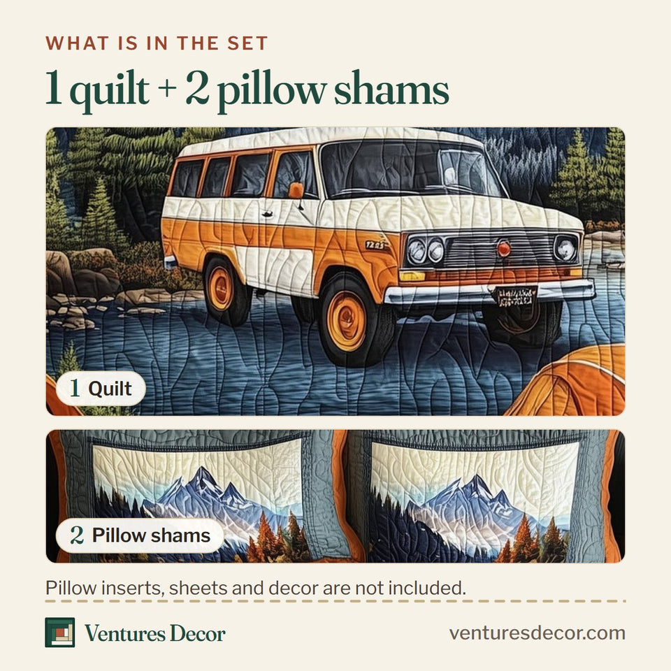 What is in the set: one quilt and two pillow shams, shown in the Lakeshore Camper Night design
