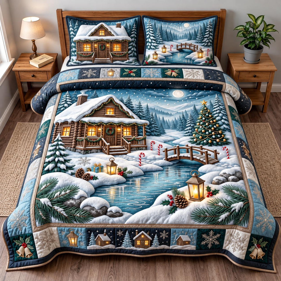 Lakeside Christmas Cabin quilted bedding set, quilt and two pillow shams on a made bed