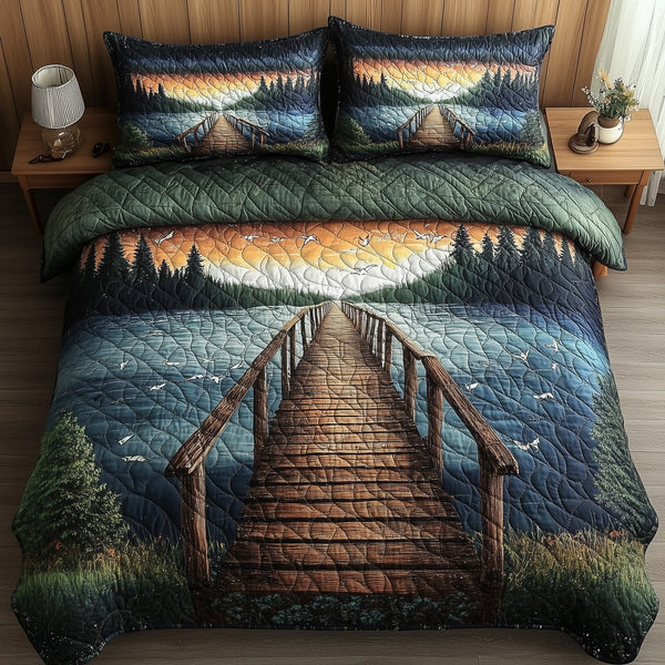 Lakeside Dock Morning Mist quilted bedding set, quilt and two pillow shams on a made bed