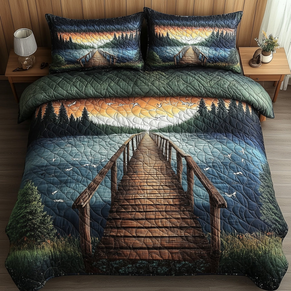 Lakeside Dock Morning Mist quilted bedding set, quilt and two pillow shams on a made bed