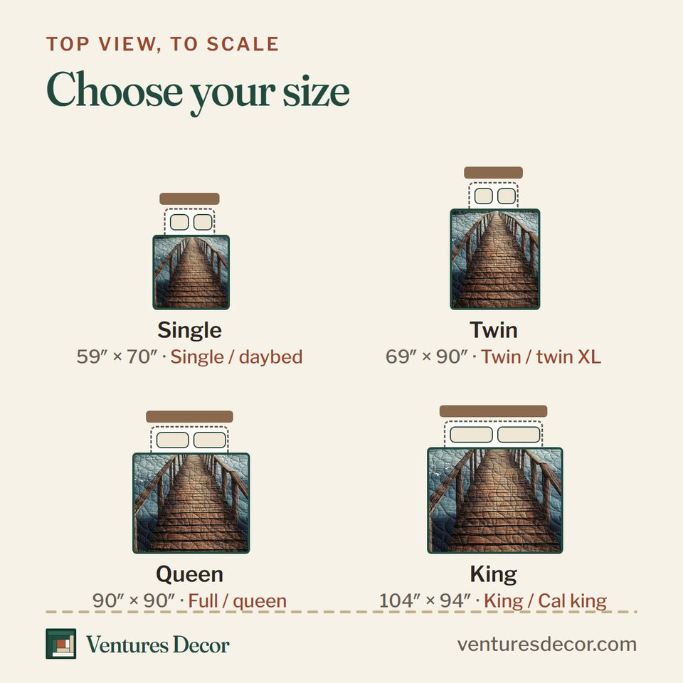 Size guide for the Lakeside Dock Morning Mist quilt, top view to scale: Single 59 x 70 in, Twin 69 x 90 in, Queen 90 x 90 in, King 104 x 94 in