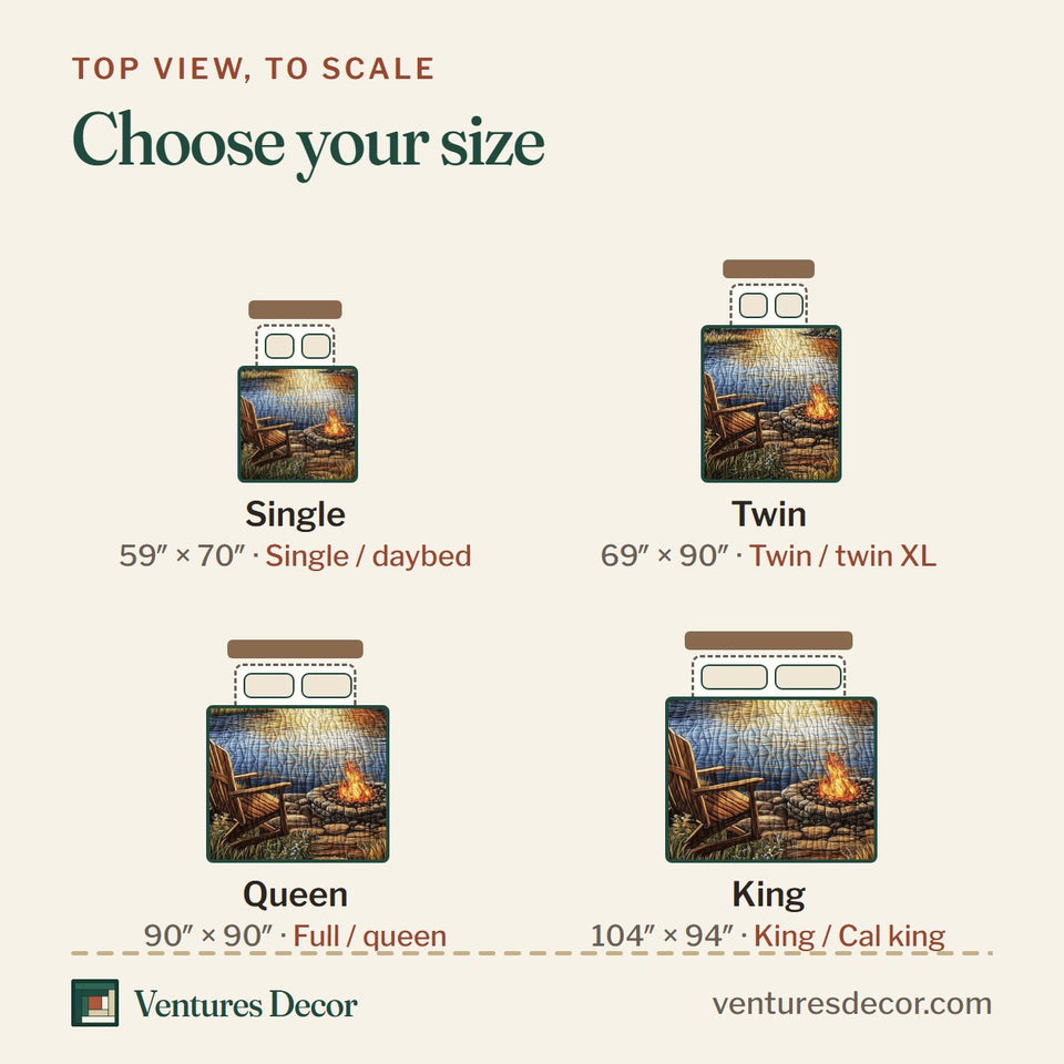 Size guide for the Lakeside Ember Evening quilt, top view to scale: Single 59 x 70 in, Twin 69 x 90 in, Queen 90 x 90 in, King 104 x 94 in