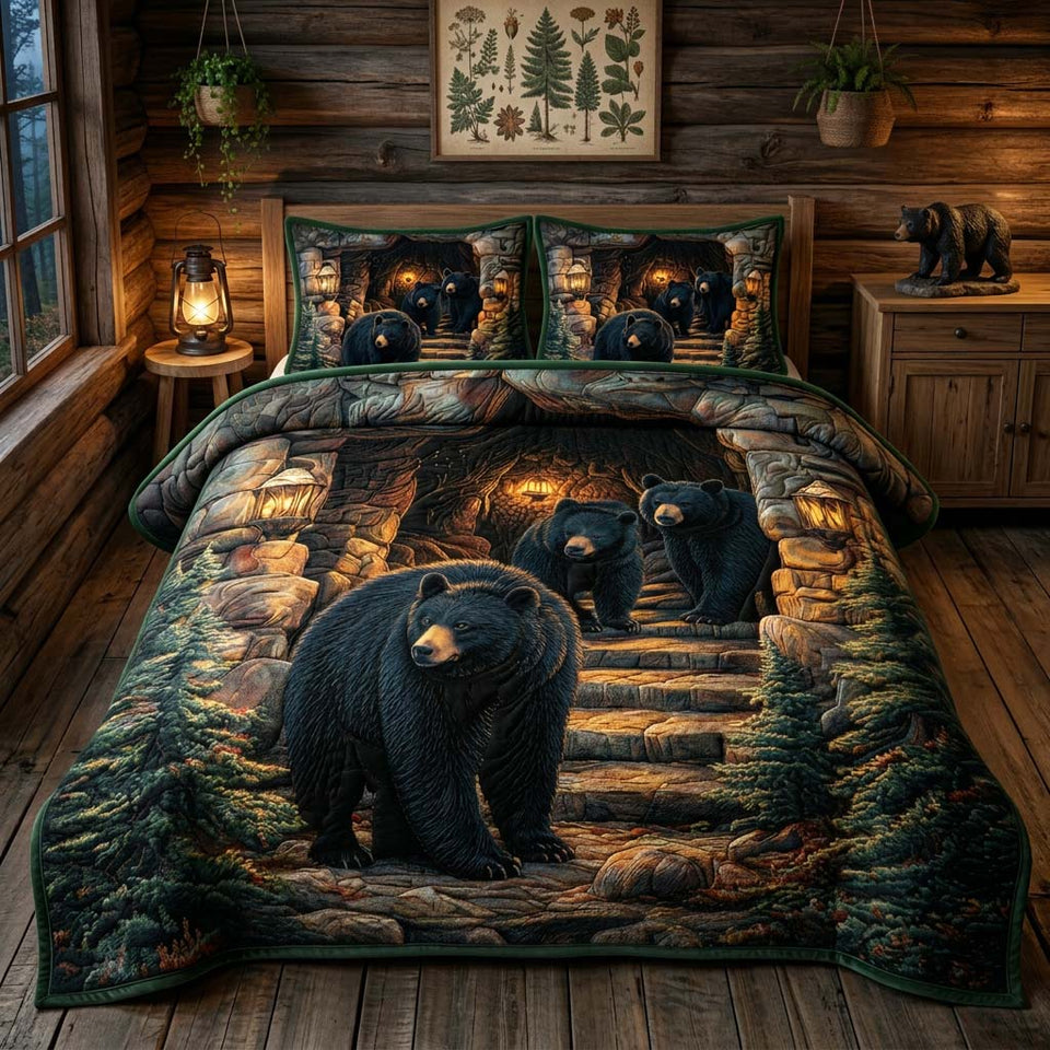 Lantern Bear quilted bedding set, quilt and two pillow shams on a made bed