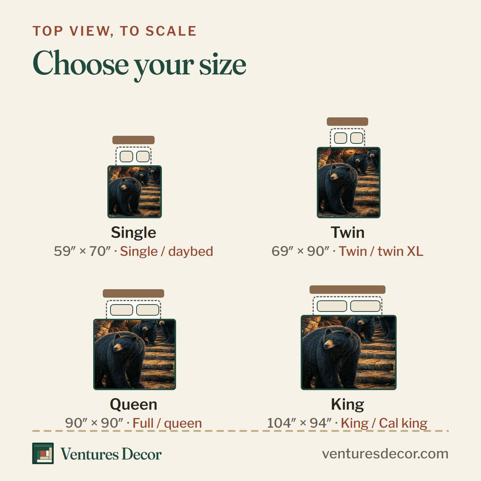 Size guide for the Lantern Bear quilt, top view to scale: Single 59 x 70 in, Twin 69 x 90 in, Queen 90 x 90 in, King 104 x 94 in
