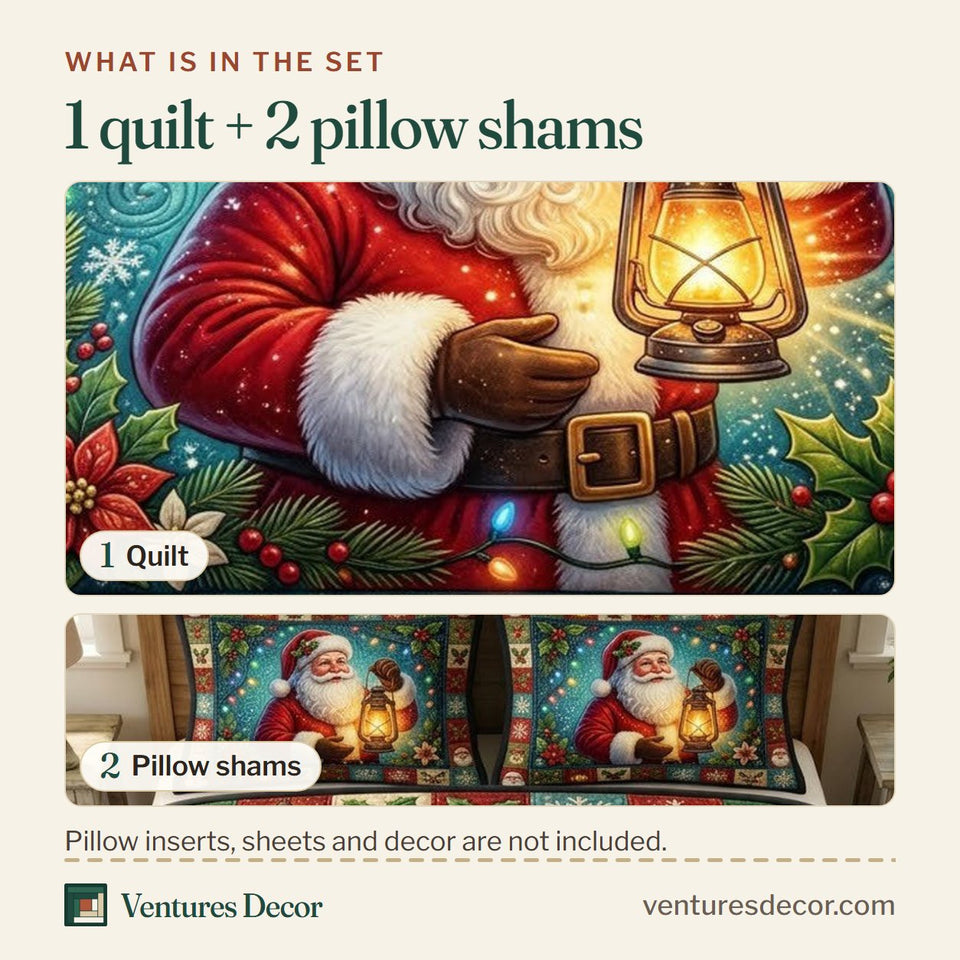 What is in the set: one quilt and two pillow shams, shown in the Lantern Glow Santa design