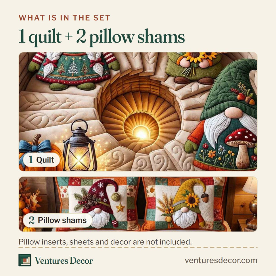 What is in the set: one quilt and two pillow shams, shown in the Lantern Gnome Trio design