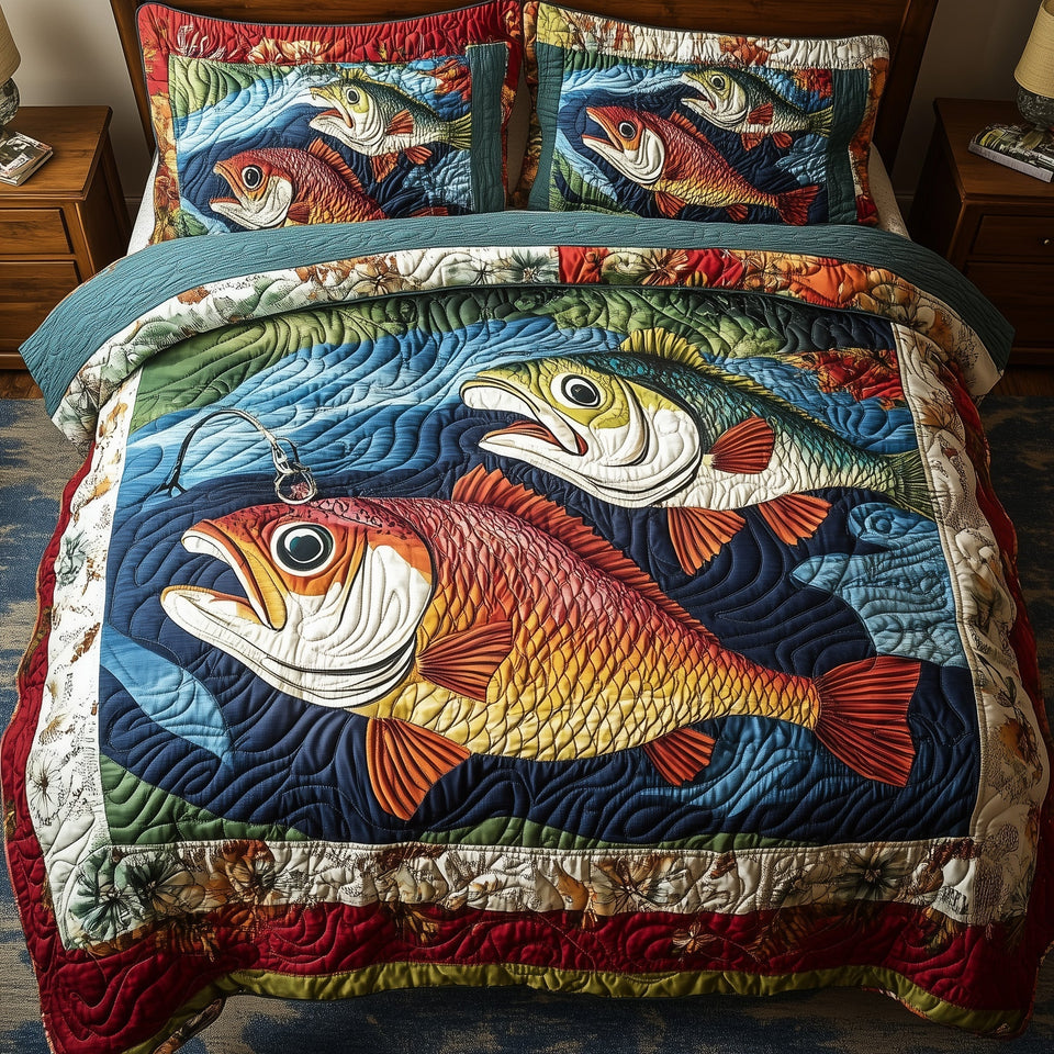 Largemouth Fishing Red and Blue Folk Pair quilted bedding set, quilt and two pillow shams on a made bed
