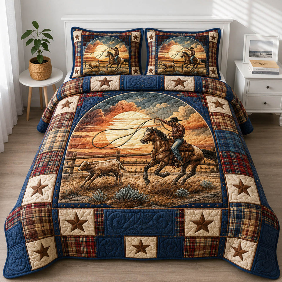 Lasso Sunset Cowboy Ride quilted bedding set, quilt and two pillow shams on a made bed