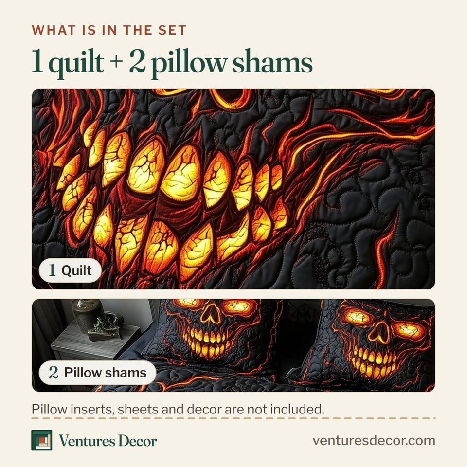 What is in the set: one quilt and two pillow shams, shown in the Lava Crack Molten Skull design
