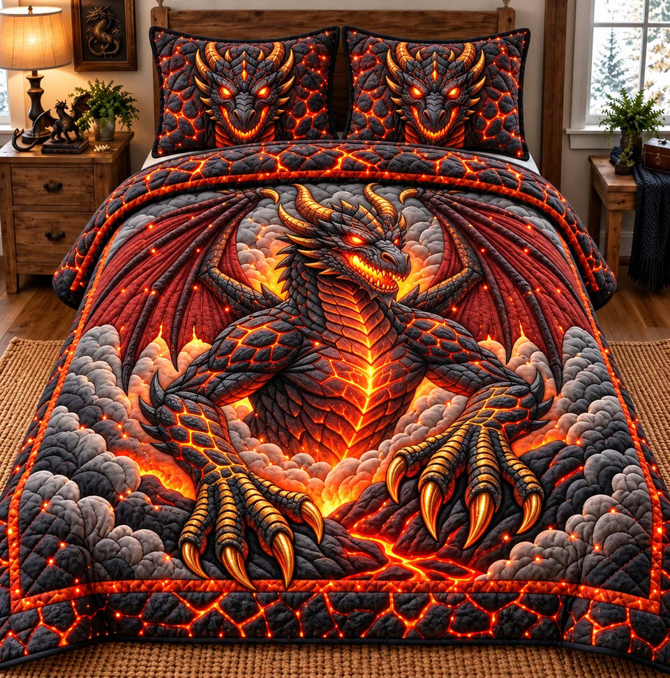 Lava Dragon quilted bedding set, quilt and two pillow shams on a made bed