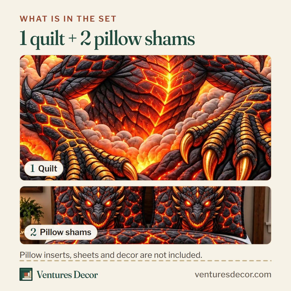 What is in the set: one quilt and two pillow shams, shown in the Lava Dragon Quilt Set, 3-Piece Quilted Bedding with 2 Pillow Shams design