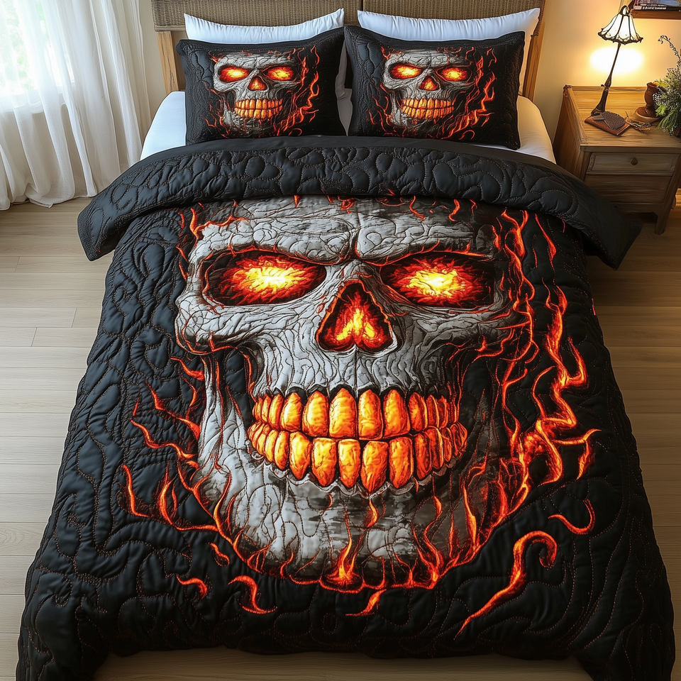 Lava Skull Ember Rim Wide Teeth quilted bedding set, quilt and two pillow shams on a made bed