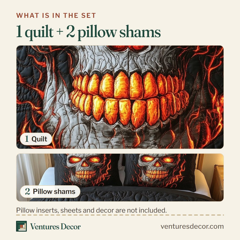 What is in the set: one quilt and two pillow shams, shown in the Lava Skull Ember Rim Wide Teeth design