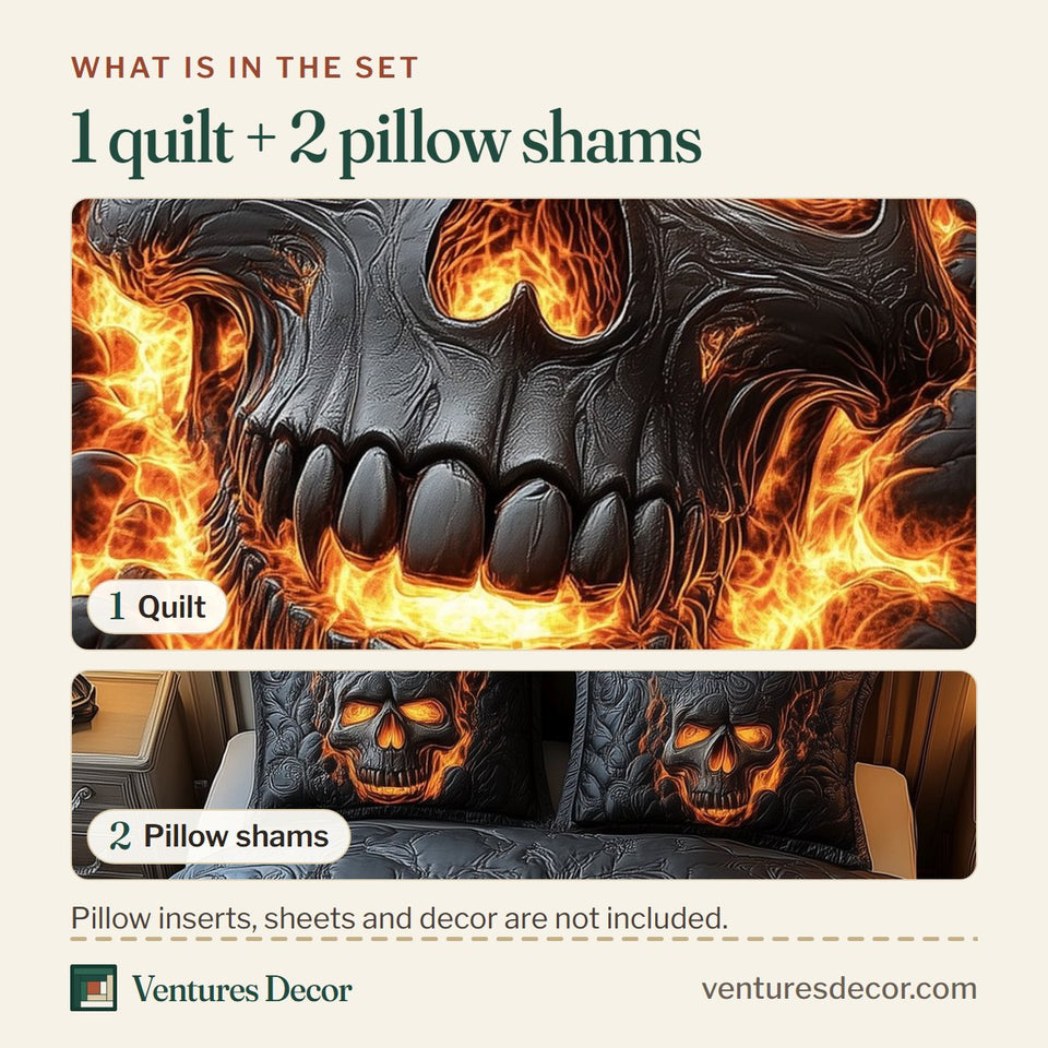 What is in the set: one quilt and two pillow shams, shown in the Lava Skull Flame Beard Charcoal design