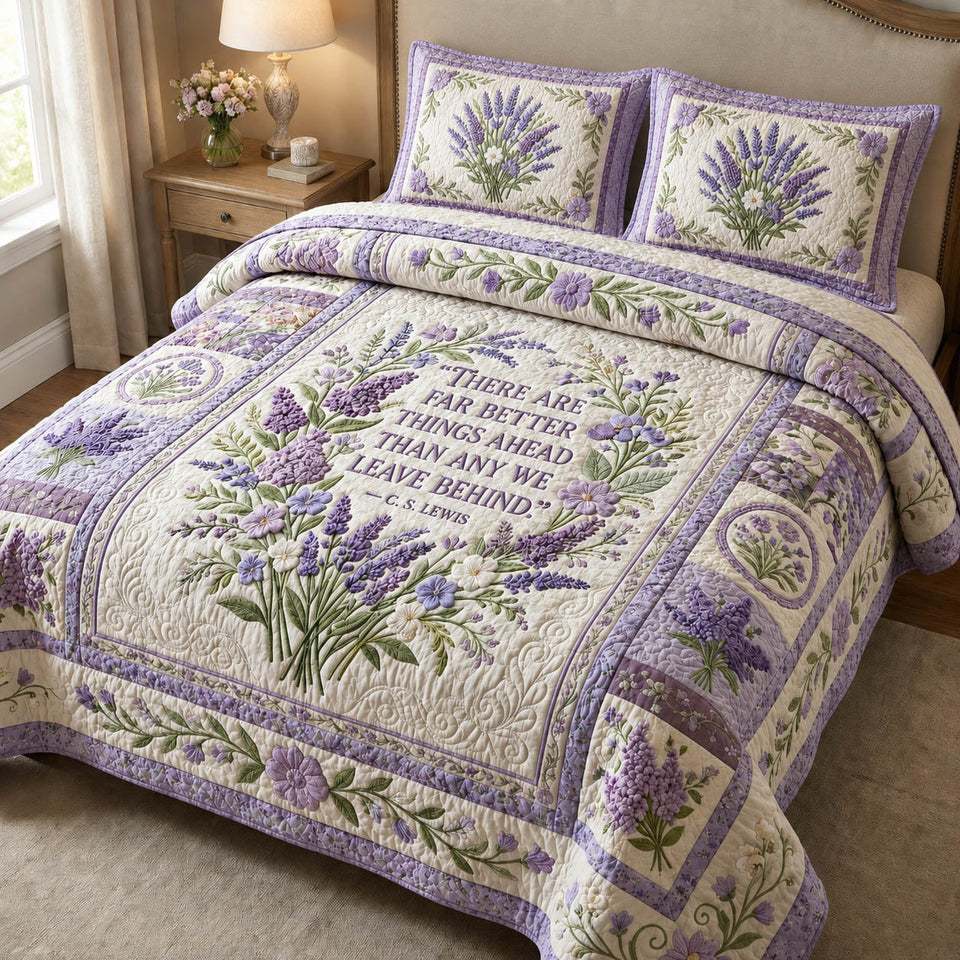 Lavender Bloom Faith quilted bedding set, quilt and two pillow shams on a made bed