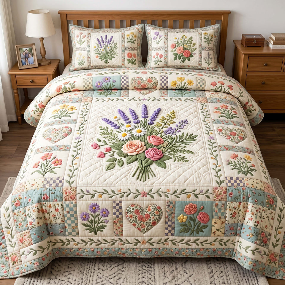 Lavender Bloom Heart Sampler quilted bedding set, quilt and two pillow shams on a made bed