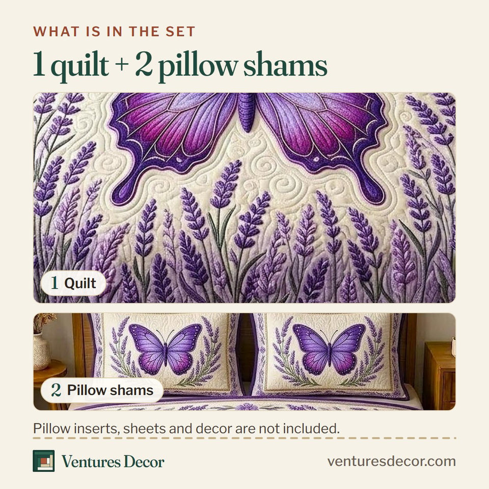 What is in the set: one quilt and two pillow shams, shown in the Lavender Butterfly Royale design