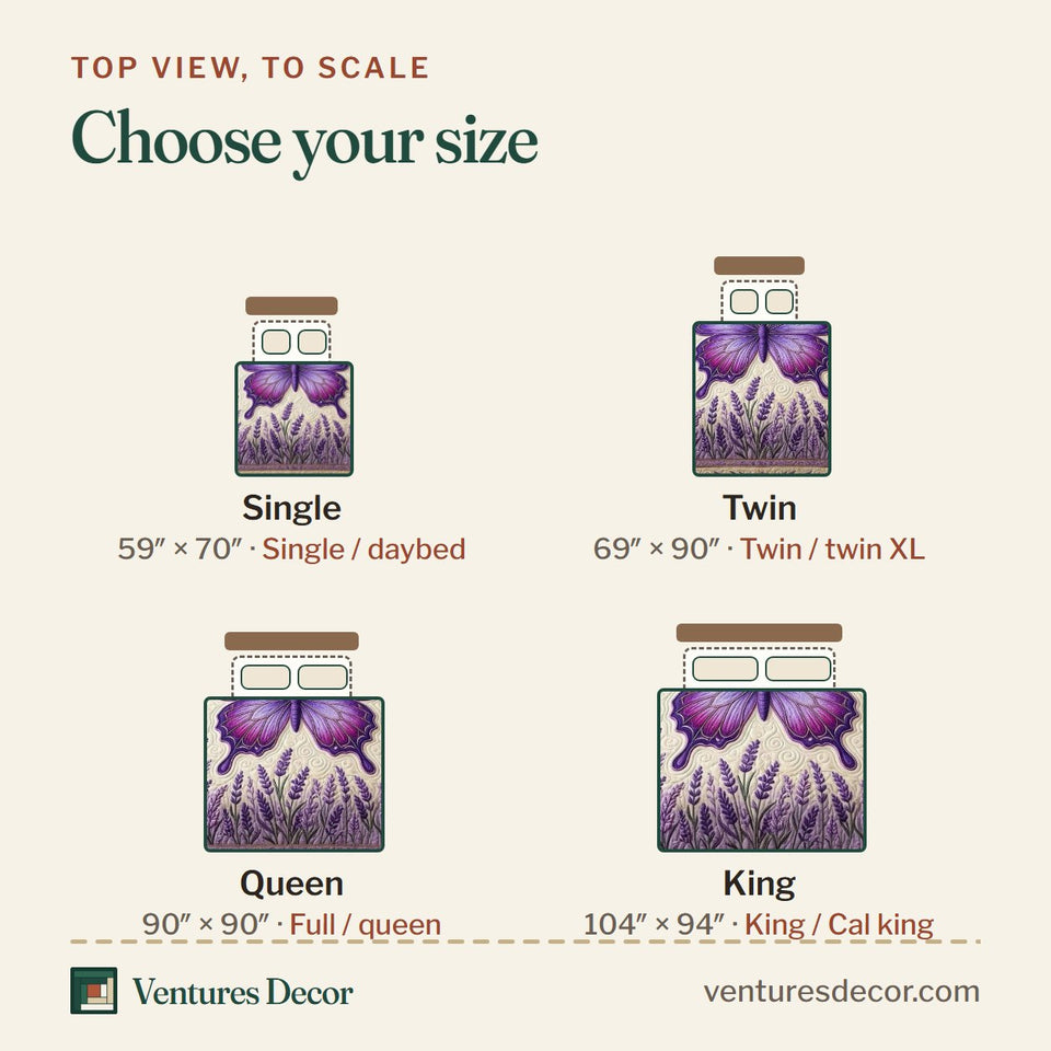 Size guide for the Lavender Butterfly Royale quilt, top view to scale: Single 59 x 70 in, Twin 69 x 90 in, Queen 90 x 90 in, King 104 x 94 in