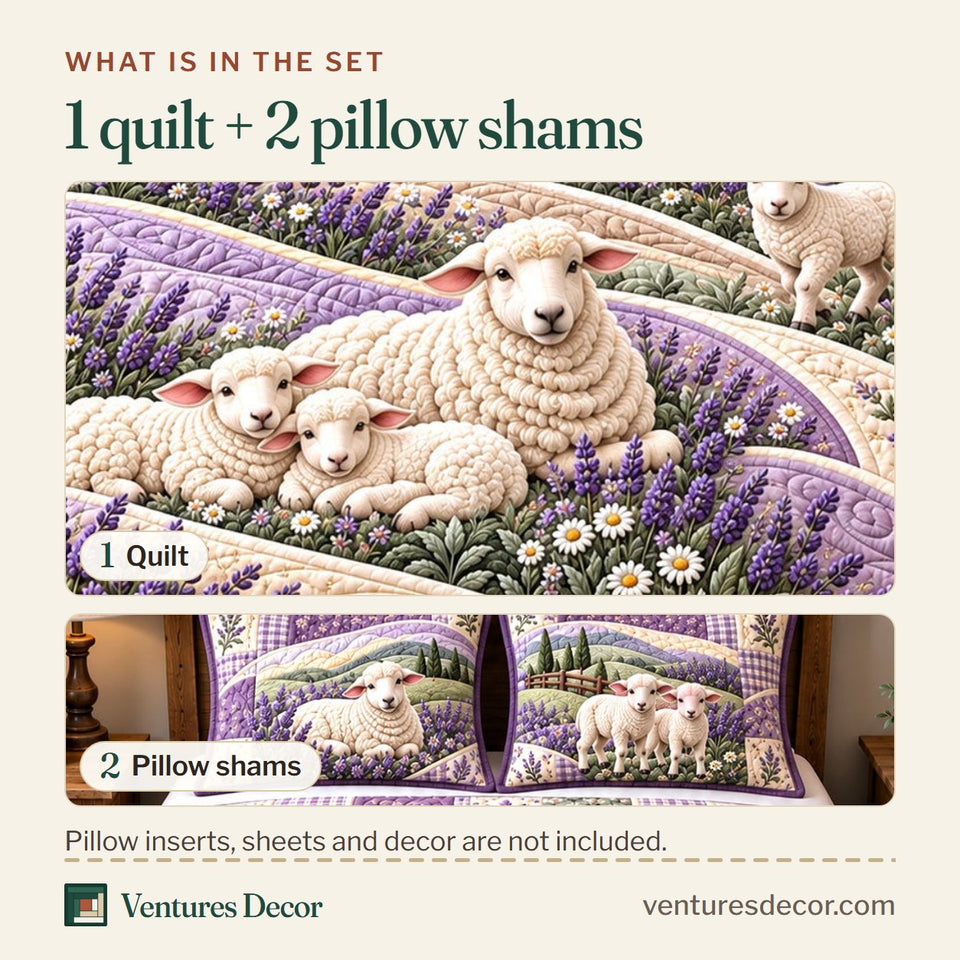What is in the set: one quilt and two pillow shams, shown in the Lavender Dream Fleece design