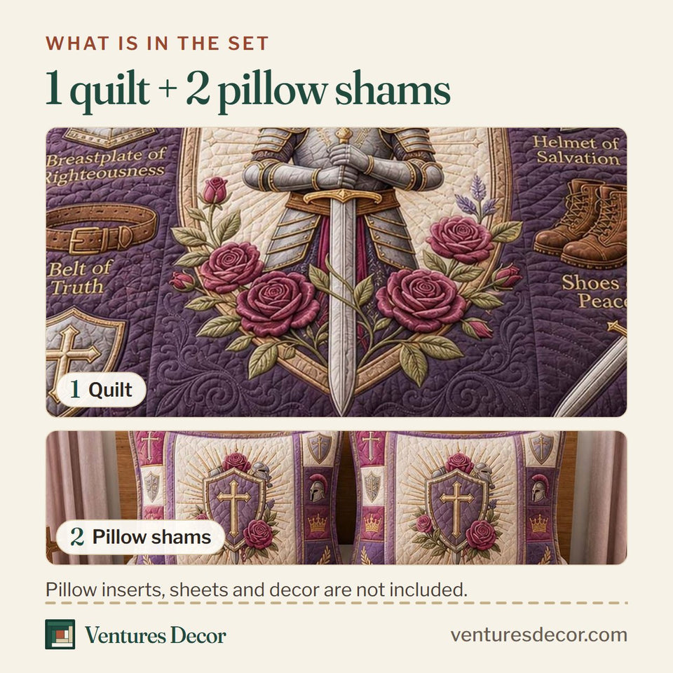 What is in the set: one quilt and two pillow shams, shown in the Lavender Faith Knight design