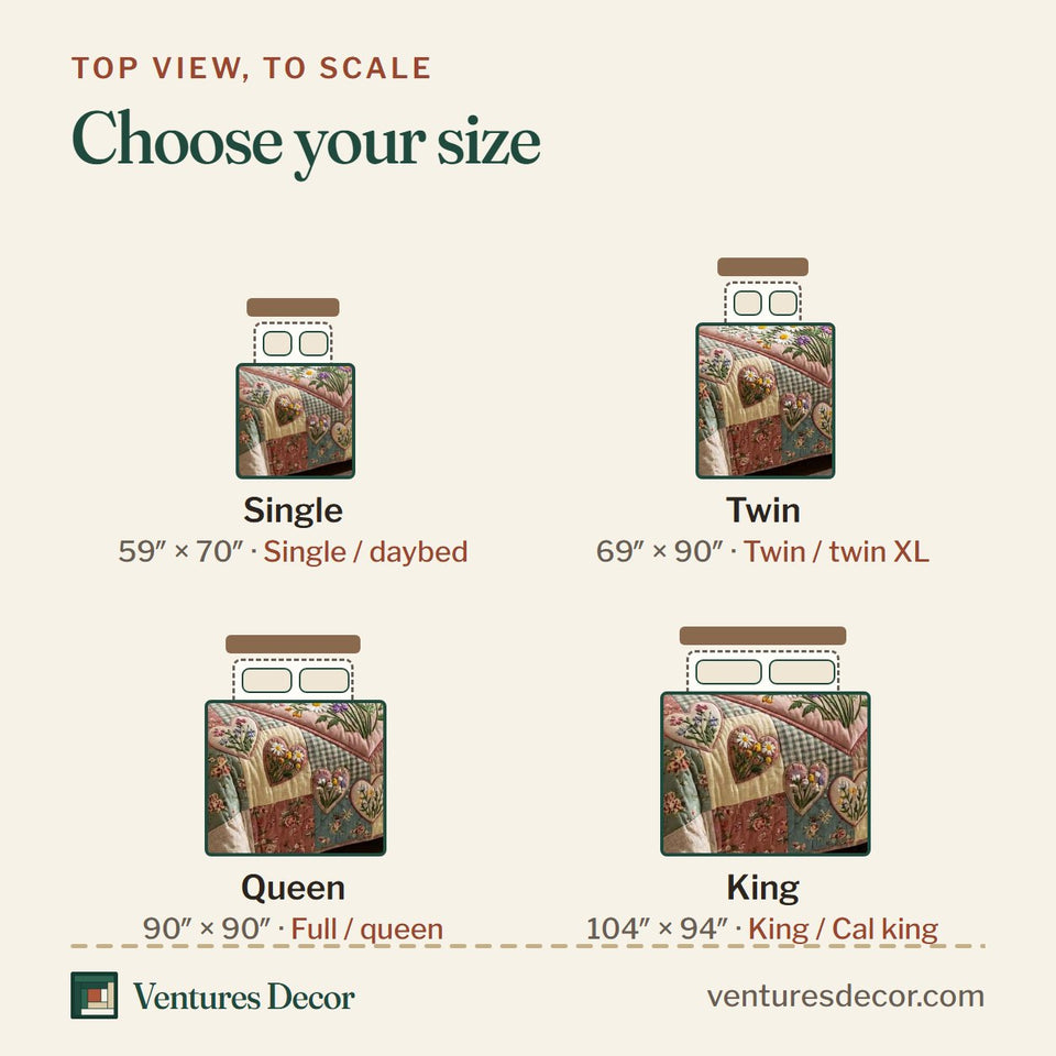 Size guide for the Lavender Heart Garden Patch quilt, top view to scale: Single 59 x 70 in, Twin 69 x 90 in, Queen 90 x 90 in, King 104 x 94 in