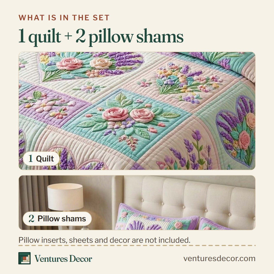 What is in the set: one quilt and two pillow shams, shown in the Lavender Heart design