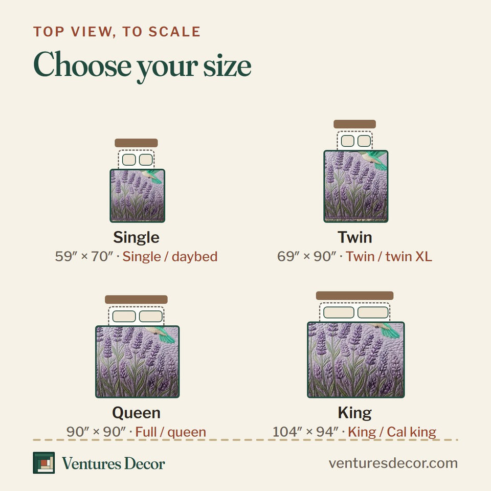 Size guide for the Lavender Humming quilt, top view to scale: Single 59 x 70 in, Twin 69 x 90 in, Queen 90 x 90 in, King 104 x 94 in