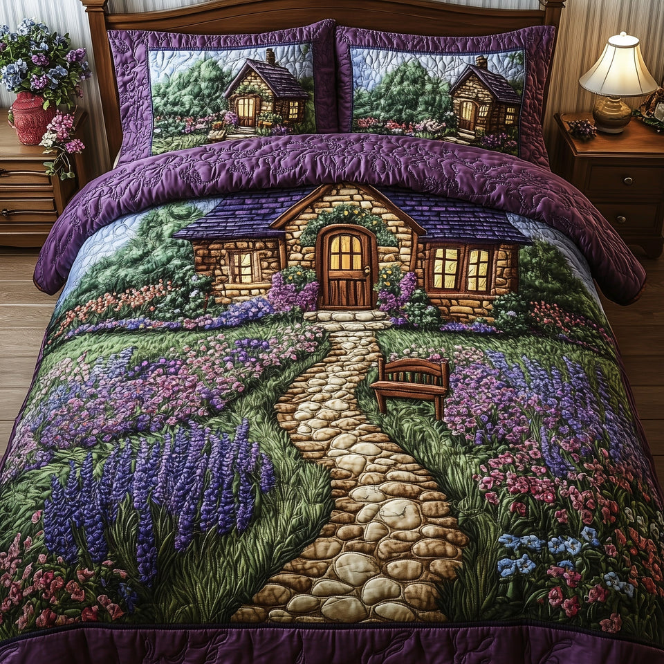 Lavender Lane Cottage quilted bedding set, quilt and two pillow shams on a made bed