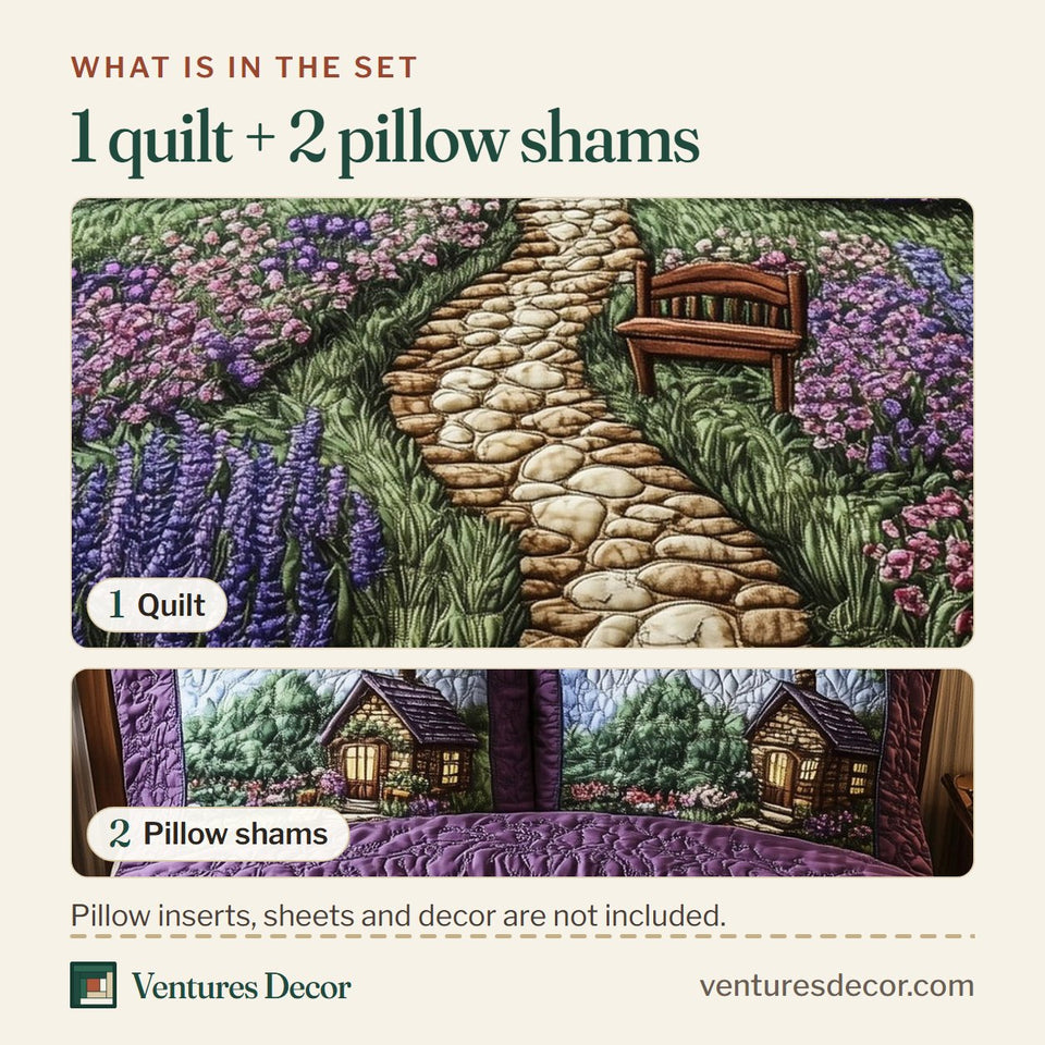 What is in the set: one quilt and two pillow shams, shown in the Lavender Lane Cottage design