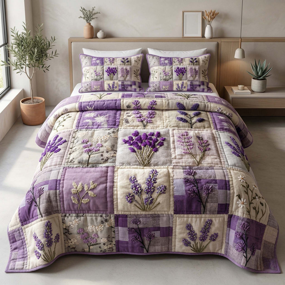 Lavender Patchwork Lilac Check Sprigs quilted bedding set, quilt and two pillow shams on a made bed