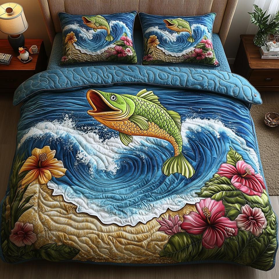 Leaping Bass Splash quilted bedding set, quilt and two pillow shams on a made bed