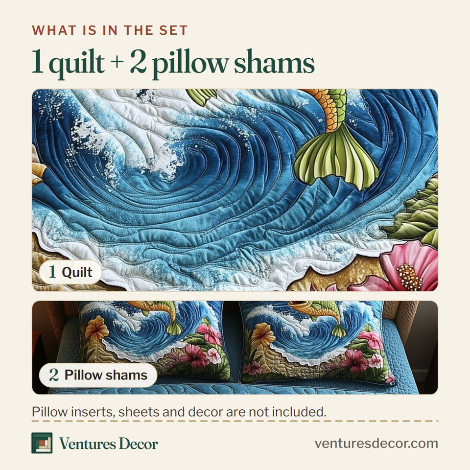 What is in the set: one quilt and two pillow shams, shown in the Leaping Bass Splash design