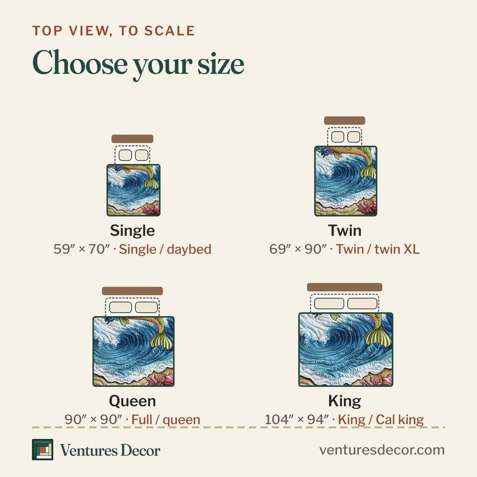 Size guide for the Leaping Bass Splash quilt, top view to scale: Single 59 x 70 in, Twin 69 x 90 in, Queen 90 x 90 in, King 104 x 94 in