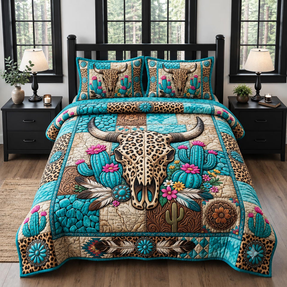 Leopard Cowgirl quilted bedding set, quilt and two pillow shams on a made bed