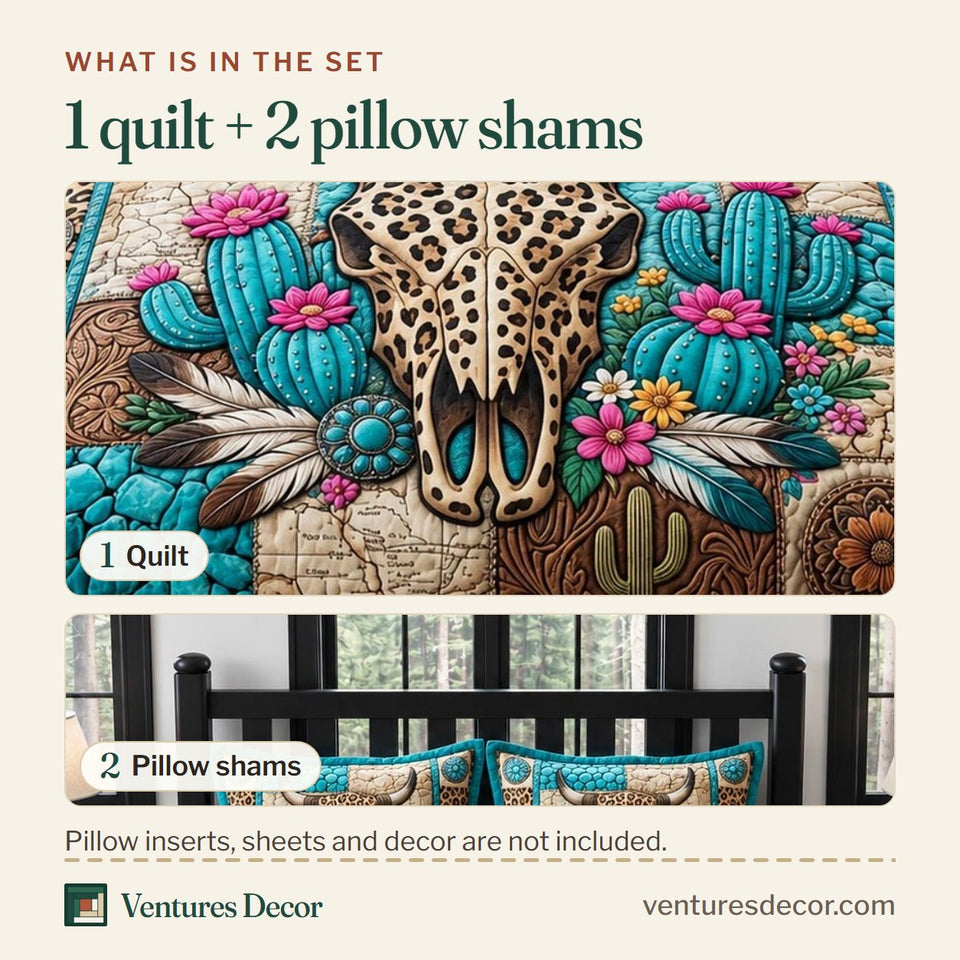 What is in the set: one quilt and two pillow shams, shown in the Leopard Cowgirl design