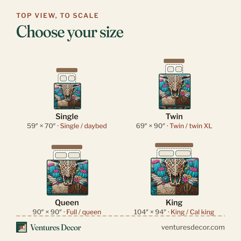 Size guide for the Leopard Cowgirl quilt, top view to scale: Single 59 x 70 in, Twin 69 x 90 in, Queen 90 x 90 in, King 104 x 94 in
