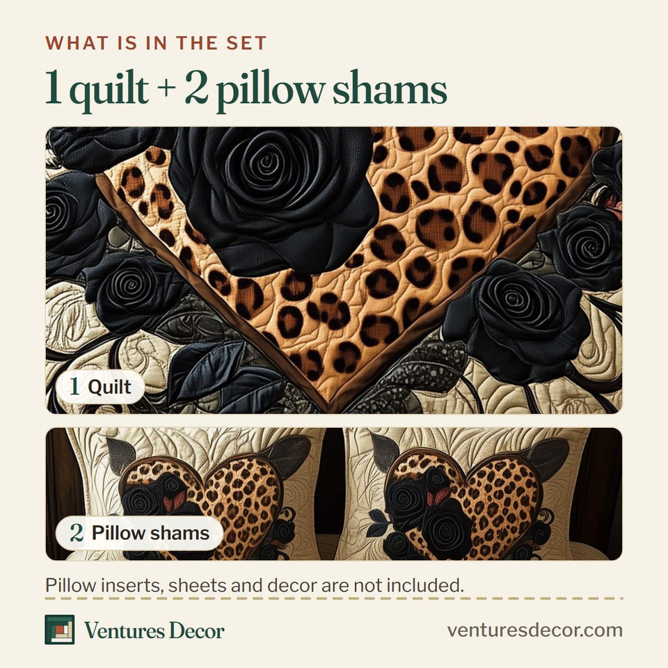 What is in the set: one quilt and two pillow shams, shown in the Leopard Heart Black Roses design