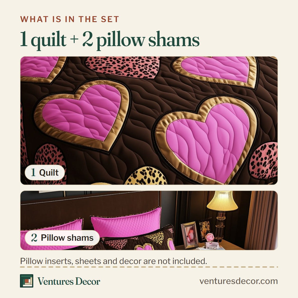 What is in the set: one quilt and two pillow shams, shown in the Leopard Heart Cocoa Pink design