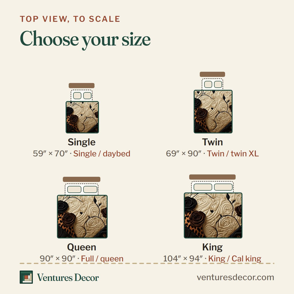 Size guide for the Leopard Heart Split Black And Spotted quilt, top view to scale: Single 59 x 70 in, Twin 69 x 90 in, Queen 90 x 90 in, King 104 x 94 in