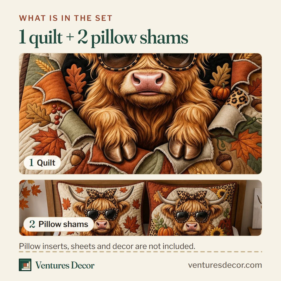 What is in the set: one quilt and two pillow shams, shown in the Leopard Highland Cow design