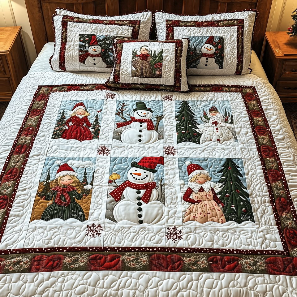 Let It Snow Vintage Snowmen and Pine Blocks quilted bedding set, quilt and two pillow shams on a made bed