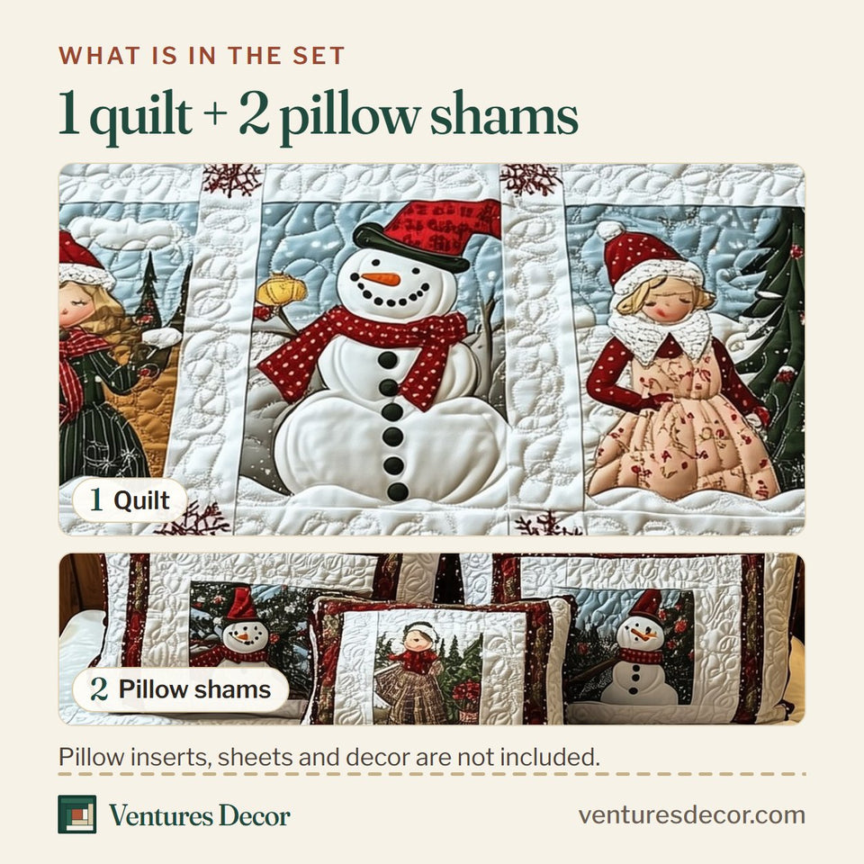 What is in the set: one quilt and two pillow shams, shown in the Let It Snow Vintage Snowmen and Pine Blocks design