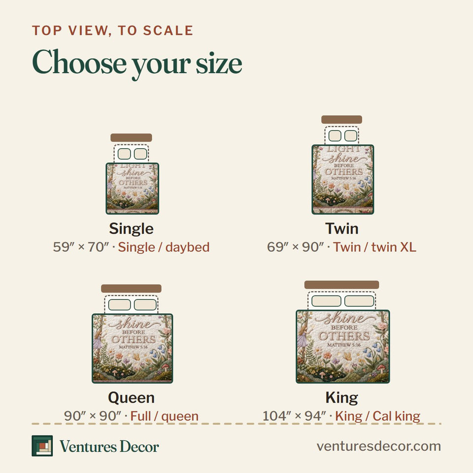 Size guide for the Let Your Light Shine quilt, top view to scale: Single 59 x 70 in, Twin 69 x 90 in, Queen 90 x 90 in, King 104 x 94 in