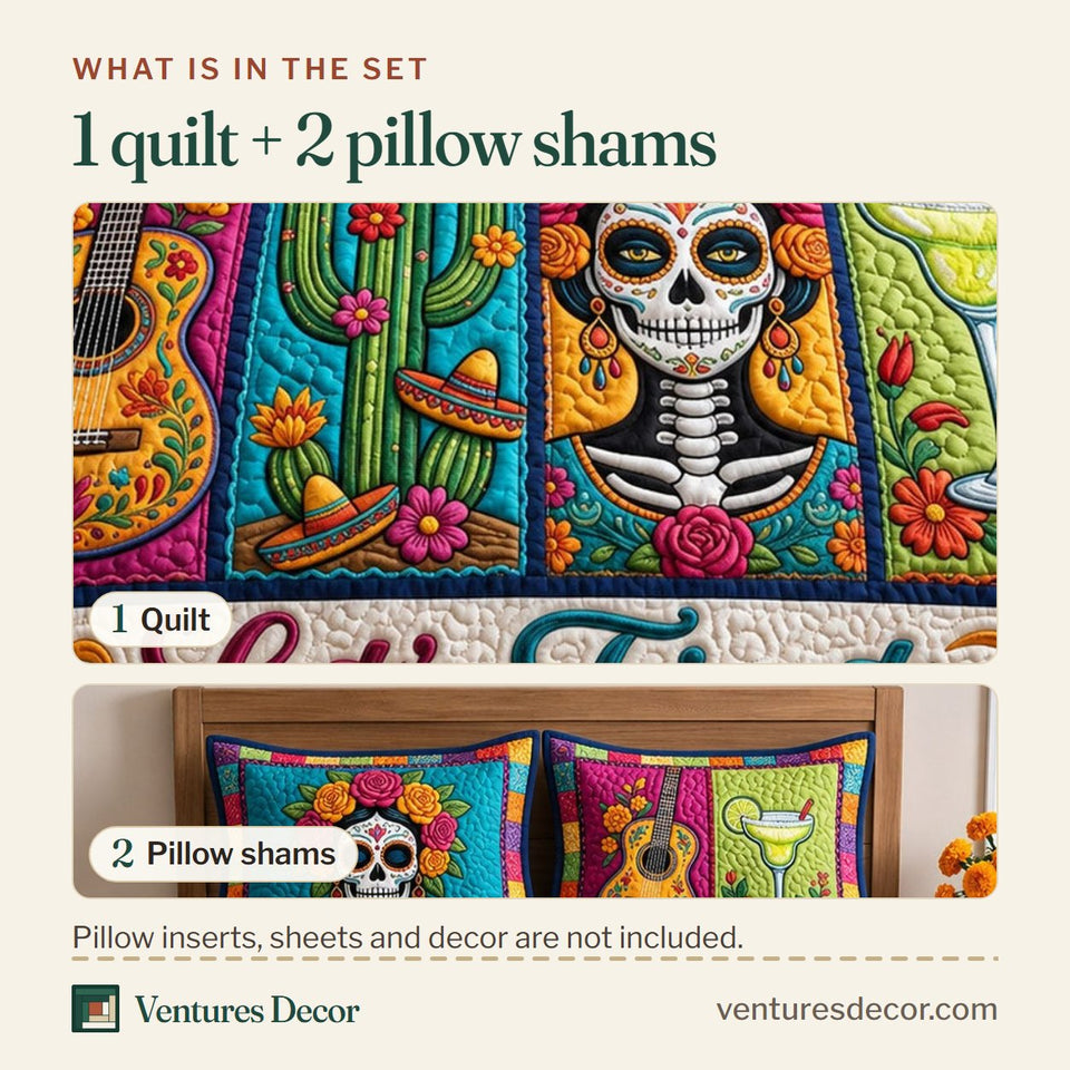 What is in the set: one quilt and two pillow shams, shown in the Lets Fiesta design