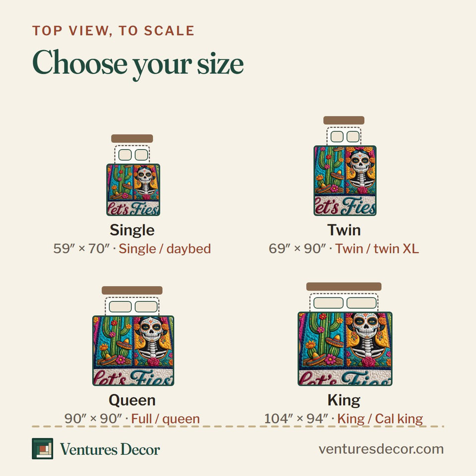 Size guide for the Lets Fiesta quilt, top view to scale: Single 59 x 70 in, Twin 69 x 90 in, Queen 90 x 90 in, King 104 x 94 in